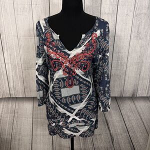 Nick & Mo Women's Large Blue & White 3/4 Sleeve Embroidered Tunic Boho Artsy